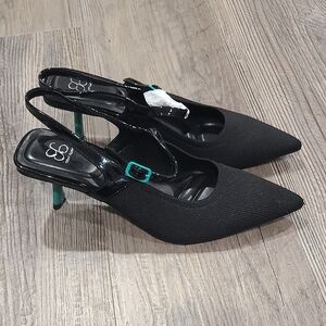 Cosy Island Black Pointed Slingback Heels with Teal Accents